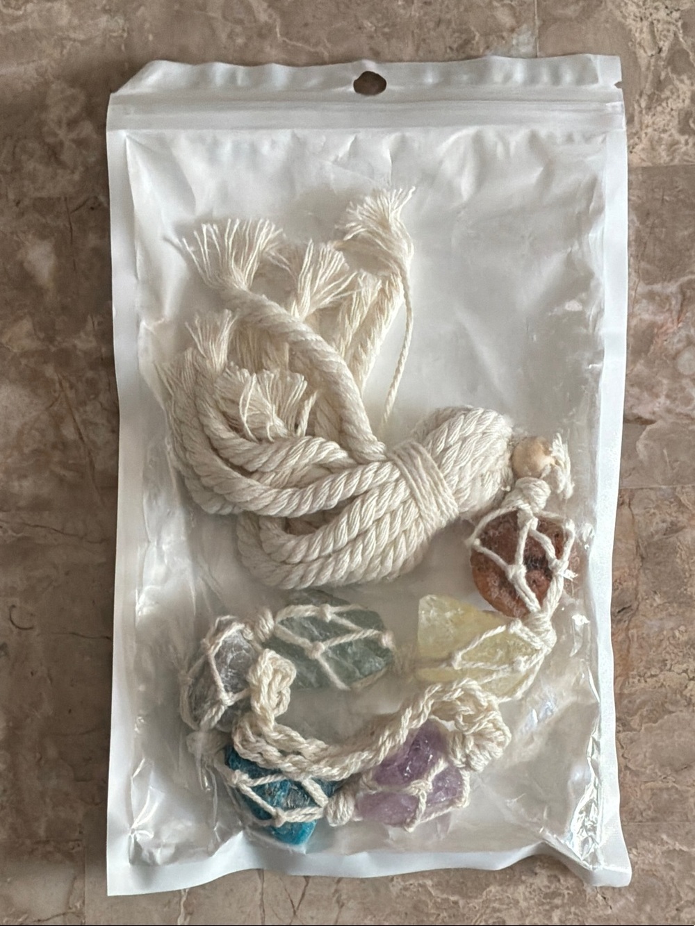 Macramé Gemstone Hanging Ornament Set in Natural Cotton